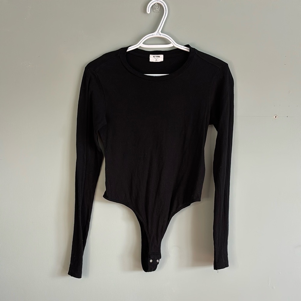 Re/Done Black Cotton Long Sleeve Thong Bodysuit
